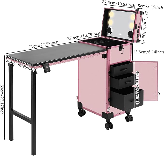 Professional Cosmetic Trolley Storage Organizer, Foldable Nail Tables Travel Cosmetic Trolley Storage Organizer w/ 4 Drawers Mirror & Speaker for Hair Stylists Pet Groomers Makeup (Light Pink)