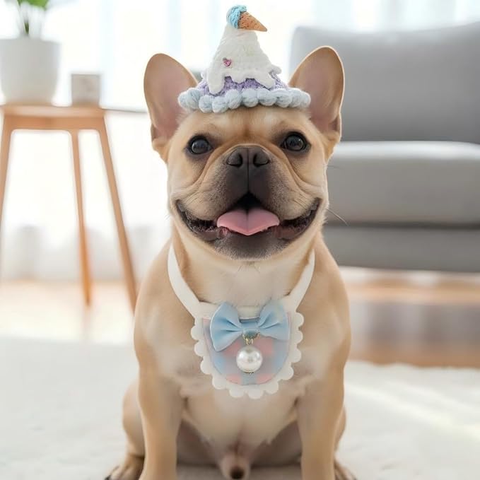 Handmade Dog Outfit – Adjustable Birthday Cat Hat & Silk Dog Scarf with Pearl Pendant for Cats,Small & Medium Dogs, Cute Accessory for Cat Birthday, Holiday, Daily Wear & Photos