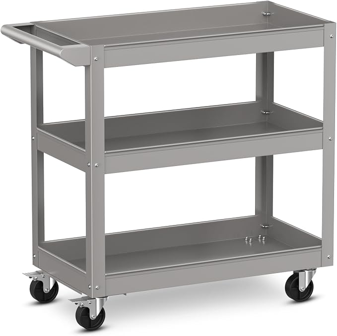 Goplus 3-Layer Service Utility Cart, Heavy Duty Unity Cart with Flat Handle, 2 Lockable Universal Wheel, 400 lbs Capacity, Rolling Tool Cart for Garage, Kitchen, Hotel, Office, Workshop Grey
