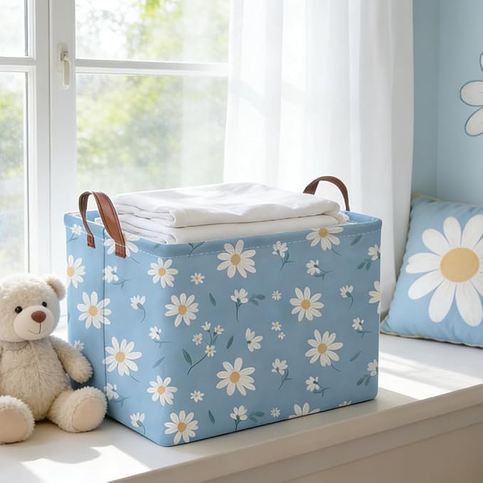 Rectangular Daisy Storage Basket,Kids Laundry Hamper,Waterproof foldable kids laundry basket,Blue Baskets,Books Box,Flower room decor(Daisy)
