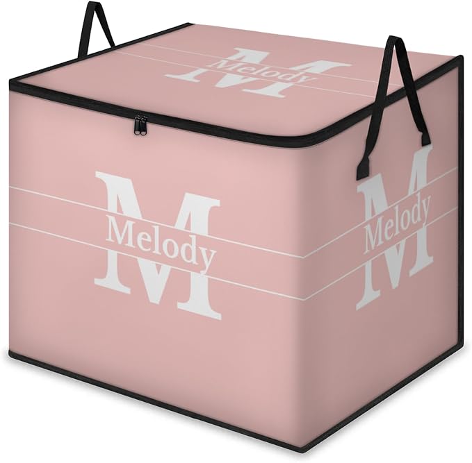 Personalized Name Foldable Storage Basket Cubes with Initial Letter, Pale Pink Quilt Comforter Storage Bin with Handles for Shelf Home Closet Bedroom