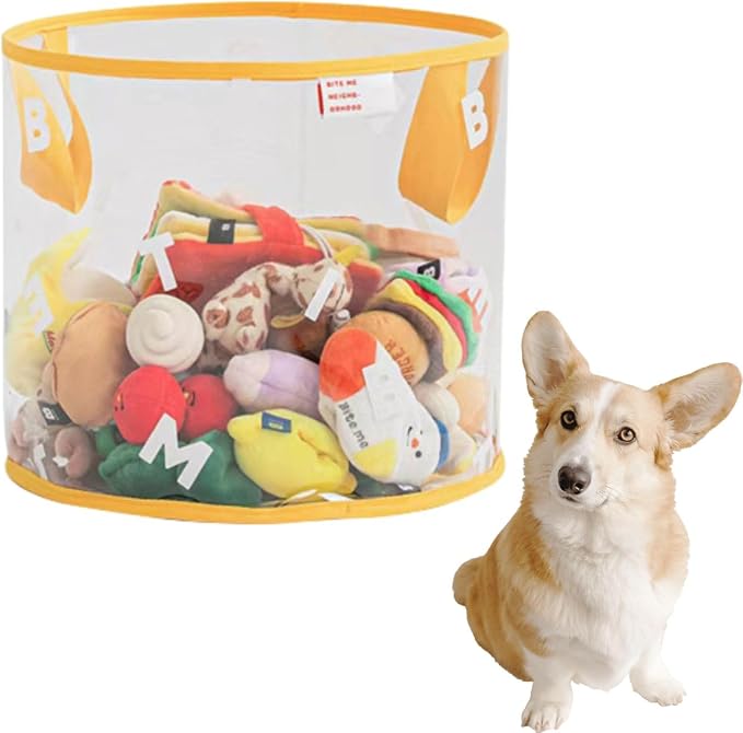 MANON ROSA Dog Toy Storage Basket Bin Round PVC Pet Storage Basket with Handles for Organizing Toys Blankets Leashes for Puppies Cat Kitten Rabbit (Medium,Yellow)