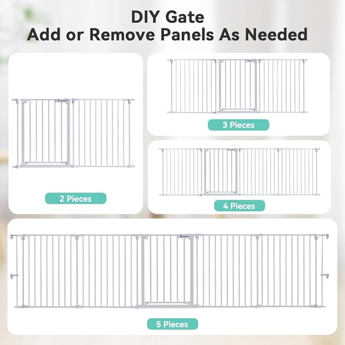 COMOMY 127.8" Extra Wide Baby Gate, Dog Gate for House Stairs Doorways | Auto Close Pet Gate with Door Walk Through, 5 Metal Panels, Hardware Mounted Baby Fence Indoor Outdoor(30" Tall,White)