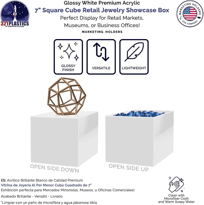 2 Pack 7 Inch White Acrylic Display Box Versatile Square Plexiglass Retail Product Storage Bin or Merchandise Riser with One Open Side No Assembly by Marketing Holders