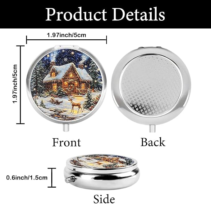 Portable Round 3 Compartment Metal Pill Box Beautiful Snow-Covered Log Cabin Surrounded by Evergreens for Travel Storage Home Organization Outdoor Adventures