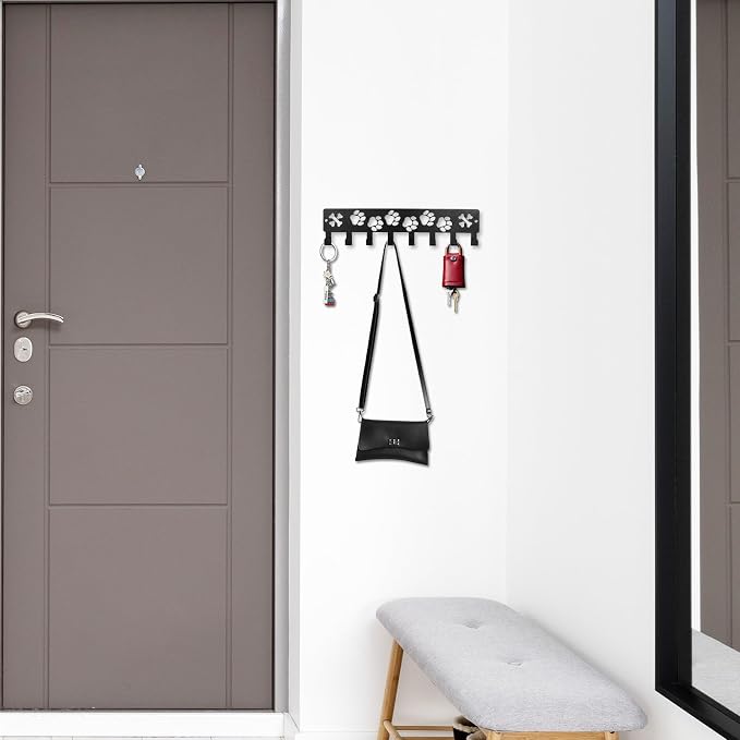 Key Holder Wall Mount & Dog Leash Holder for Wall, Metal Key Rack with 8 Hooks for Entryway/Hallway/Kitchen Decor, Dog Paws Design Wall Organizer 11.8×2.6 Inch with Screw Anchors (Black-Paws)
