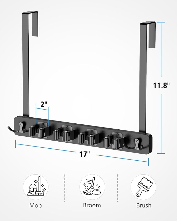 BS-VOG Over the Door Broom and Mop Holder, Broom Hanger, 4 Slots & 4 Hooks | Wooden Broom Holder Door Mount, No Drilling Required, EVA Door Protection Pads, Closet Garage Laundry Use, Black