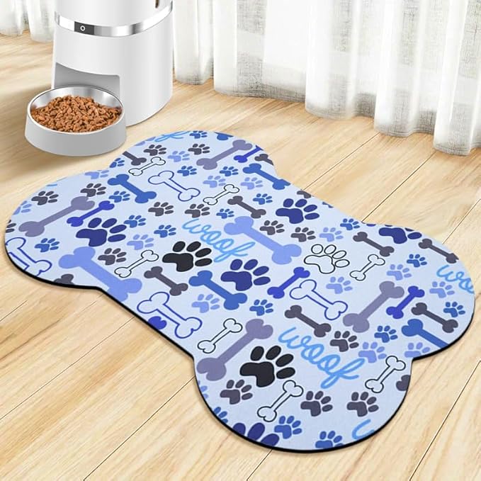 Dog Food Mats for Floors Waterproof, Pet Feeding Absorbent Water Bowl Mat Cat Placemats Blue Bone Shape 25.5 * 17 inch
