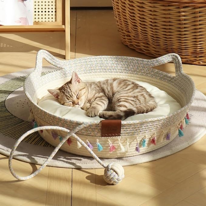 Cat Bed Basket with Soft Cushion & Play Ball - Cotton Rope Cat Beds for Indoor Cats, Kittens & Medium and Large Cat - Durable Handwoven Cat Scratching Bed with Decorative Tassels, All Season Universal