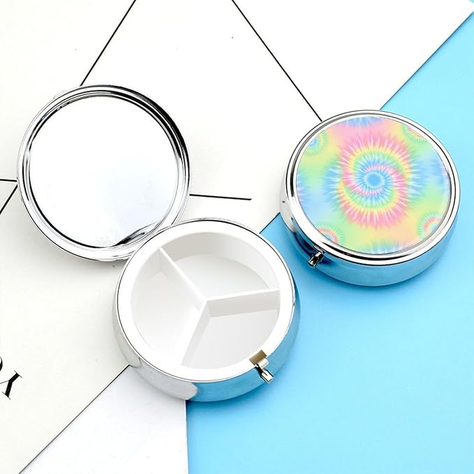 Mini Pill Container, Pink Rainbow Tie Dye Round Sturdy Organizer, Portable Holder for Supplements, Travel Pill Case Purse Essential for Gym