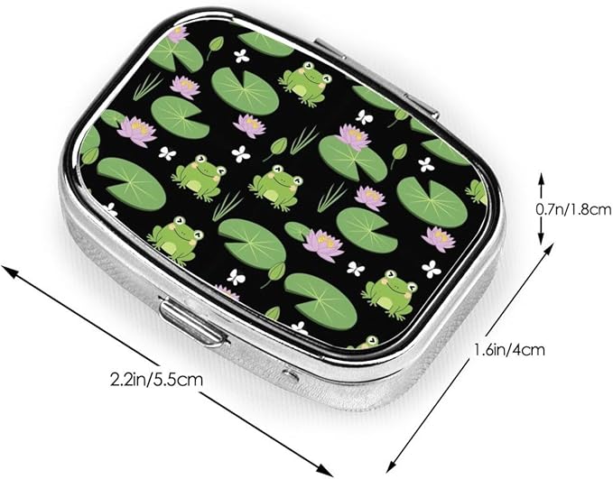 Cute Green Frogs Black Pill Organizer Travel Portable Compact Pill Box 2 Compartments Pill Case for Vitamins/Fish Oil/Meds for Purse Pocket
