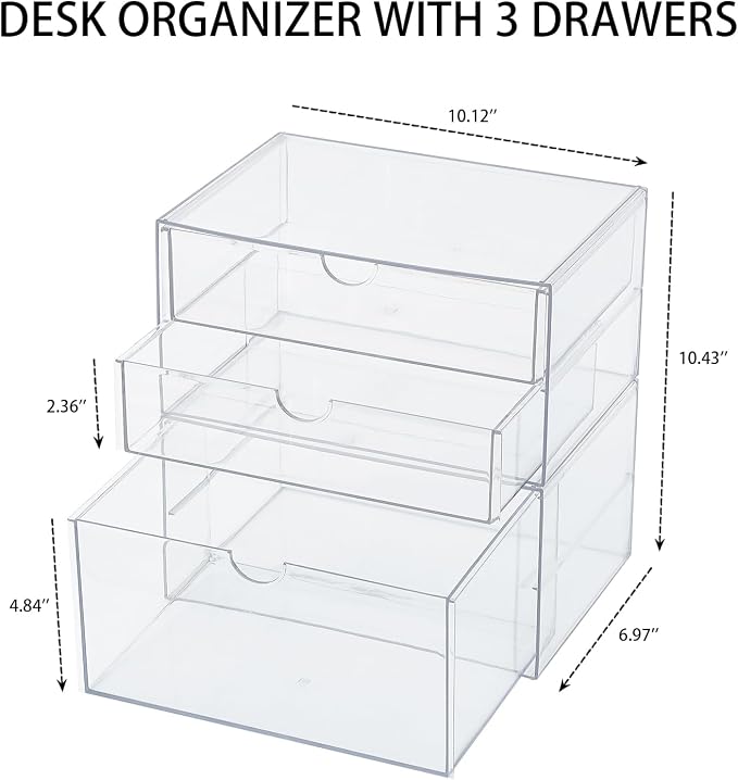Clear Desk Drawer Organizer, 2 Pack, 3 Drawers | Stackable Desk Organizer and Accessories, For Home Office Supplies, Marker Pen, Art Crafts, Stationery, Coffee Pods