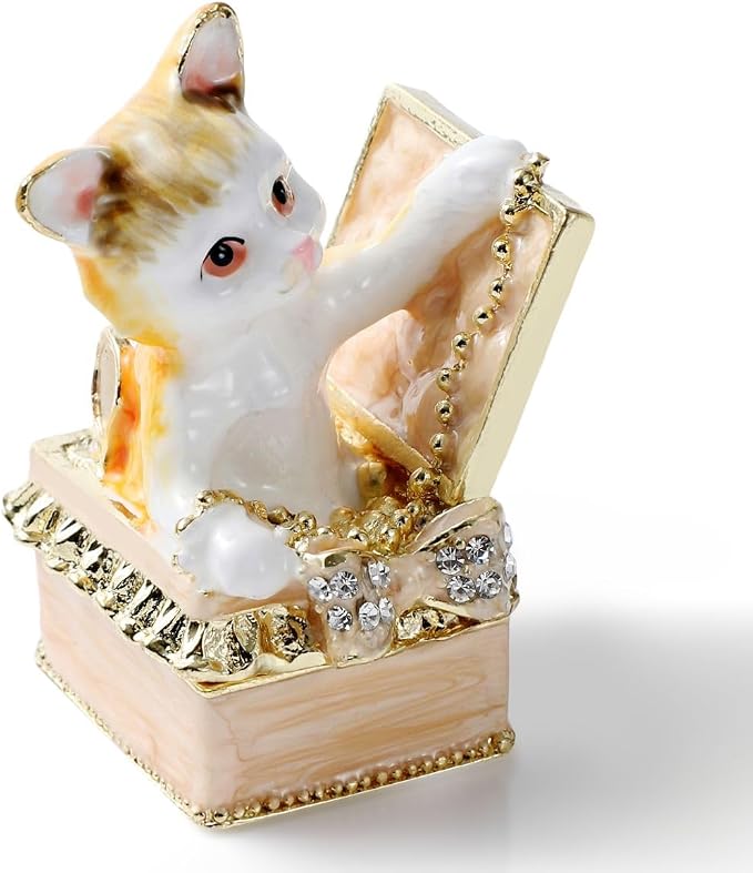 Hand Painted Trinket Box Enamel Vintage Jewelry Box Hinged Metal Jewelry Organizer Decorative Treasure Box Unique Gifts Box Cat