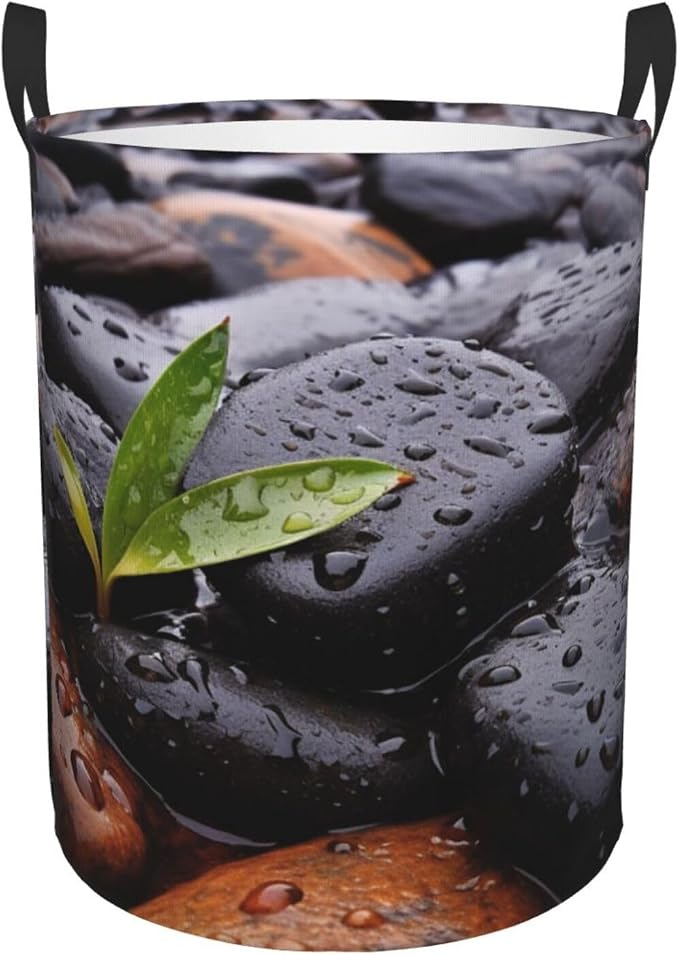 Rain Drops Over Rock print Laundry Hamper with Handle Waterproof Collapsible Organizer Baskets Circular Dirty Clothes Organizer Basket Portable Storage Bin for Bathroom Bedroom Dorm