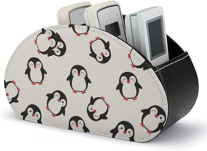 Pu Leather Remote Control Holder Cute Penguins 5 Slot Desk Caddy Box | Cute Penguins Office Desktop Storage Organizer for Controller, Media Player, Stationery Supplies