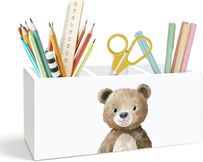 Pencil Holder for Desk Kids, Bear Lover Gifts, Cute Forest Animal Wooden Box Pencil Pen Holder Organizer for Kids Room Home Office Desk Accessories