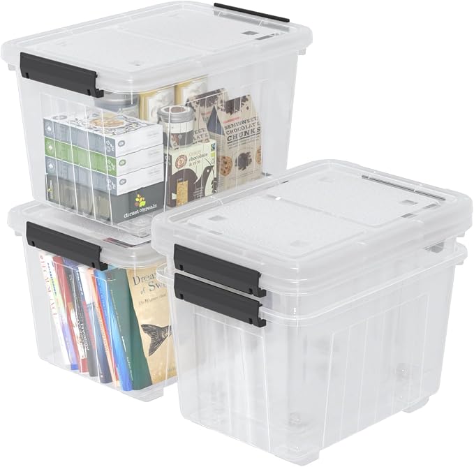 30 Quart Stackable Clear Plastic Storage Container Bin, 4 Packs | Latching Totes with Lids and Wheels for Organization