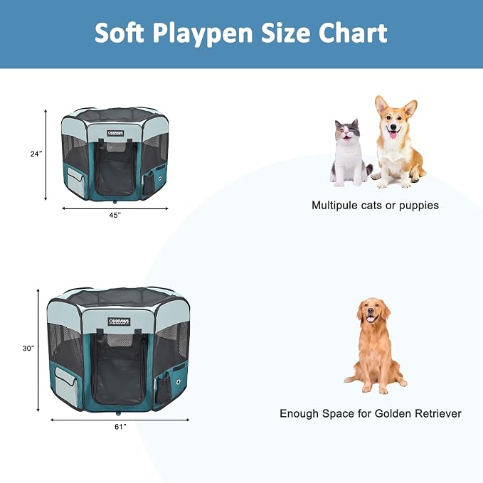 Jespet Soft Dog Playpen, Portable Pet Exercise Pen Kennel with Carry Bag | 2-Door, Easy to Fold, Ground Stakes, Zipper Locks, Large Storage Pocket, Washable Top Mesh Cover & Bottom Cover