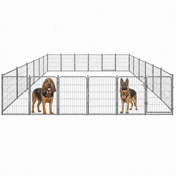 Indoor Dog Playpen - 40 inch, 24 Panels for Medium and Large Size Dogs - Play Pen w/Extra Wide Gate - Heavy Duty Metal Portable Pet Fence with Grey Anti-Rust Coating