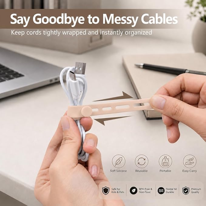 20PCS Silicone Cord Ties Reusable Cable Organizers (Morandi) | Soft Adjustable Silicone Cord Wraps with Locking Buckle Design, Color-Coded Wire Ties for Desk, Office & Travel Accessories