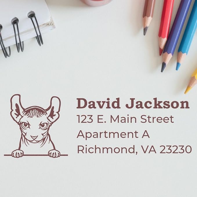 Peeking Dwelf Cat Self-Inking Return Address Stamp - Clear Impressions | Personalised Address Stamp for Pet Owners. Rectangular imprint. Made to Order Dwelf Cat Rectangular Address Stamp. 4 lines.