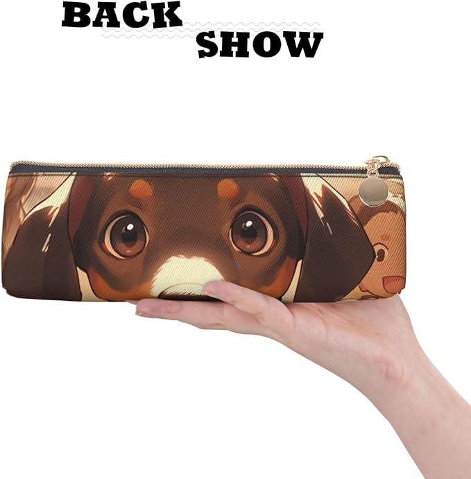 Dachshund Weiner Pet Dogs Print Pencil Case Leather Pen Bag Pencil Pouch Lovely Stationery Bag Portable Cosmetic Bag Zipper Organizer Bag