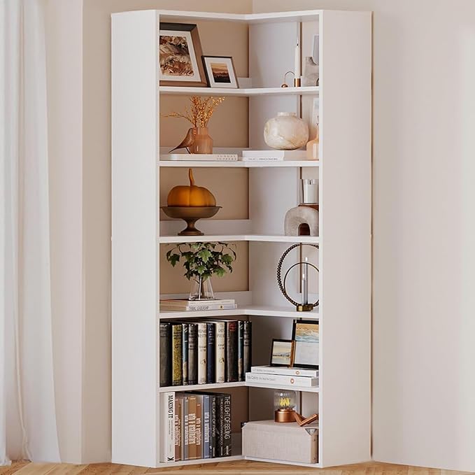 Corner Bookshelf, Freestanding L Shaped Display Shelf, 6 Tiers Bookcase with Baffles, Wooden Bookcase with Storage Organizer for Home Office, Living Room, Bedroom (23.6")