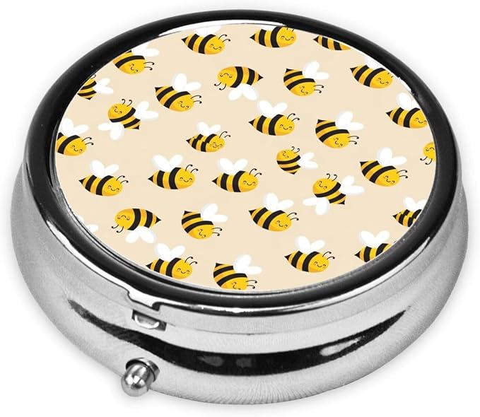 Travel Pill Holder, Cute Bee Pattern Round Compact Organizer, Small Dispenser with Mirror, Pocket Purse Case for Vitamins