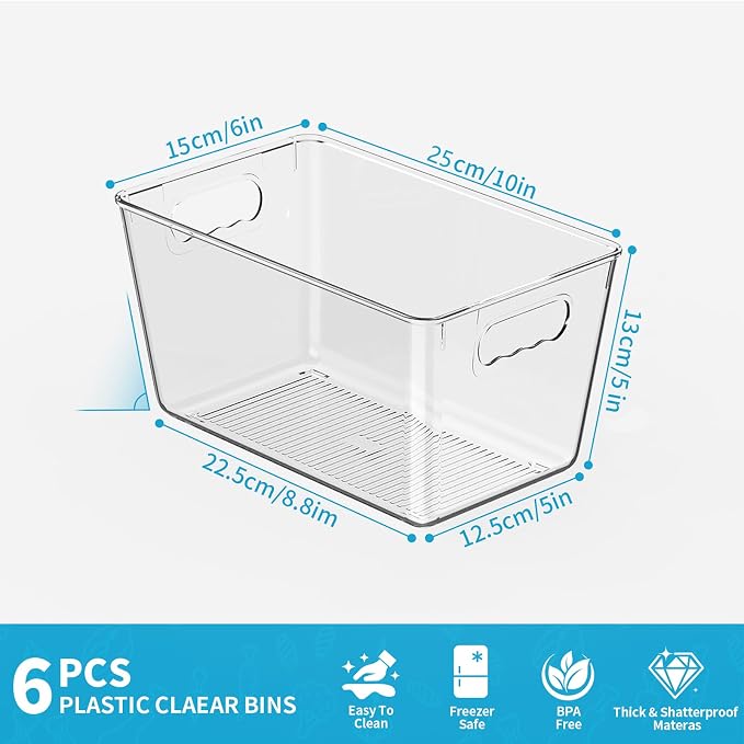 Clear Fridge Organizer Bins with Handles, 6 Pack Medium 10×6×5 Inch | Clear storage bins with handles, food organizer basket for kitchen, fridge, freezer and bedrooms