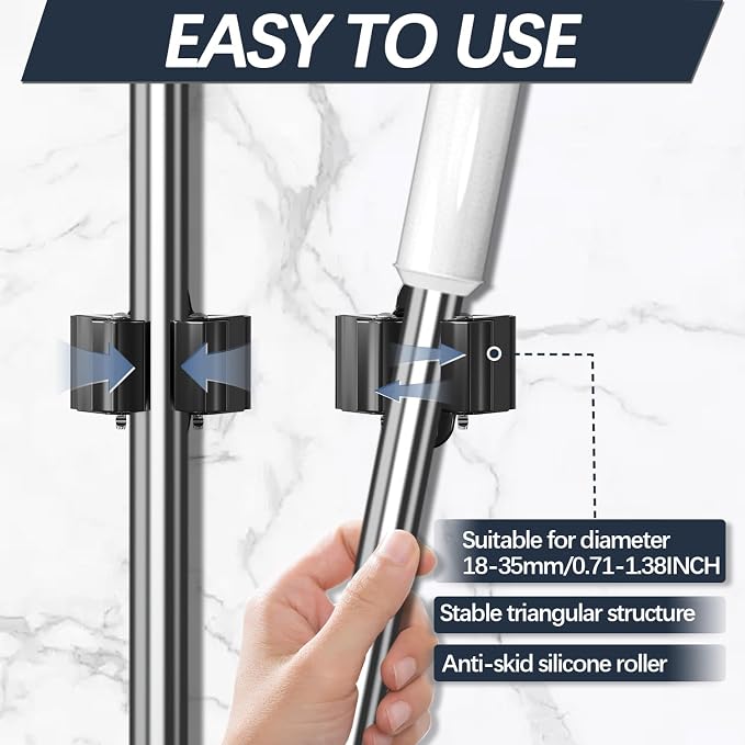 3-H Broom Holder Wall Mount 4 Pack, Heavy Duty Stainless Steel Mop and Broom Organizer Clips, Strong Grip Wall Mount Holders for Garage, Garden, Laundry Room & Utility Closet, Matte Black