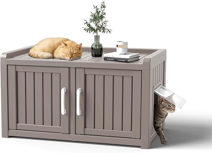 ROJIK Shoe Cabinet Waterproof UV-Resistant,Storage Bench Indoor Outdoor with Adjustable Shelves,for Entryway Bedroom,Hallway,Living Room(Double Door, Light Grey)