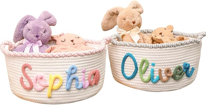 Personalized Cute Small Woven Basket with Handles, Custom Cotton Rope Room Shelf Storage Basket, Empty Decorative Gift Basket, Decorative Round Bin for Nursery Bedroom Bathroom (Style J)