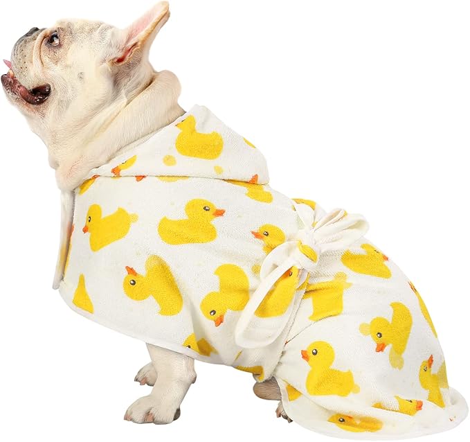 HDE Dog Bathrobe Super Absorbent Quick Drying Puppy Towel Wrap Coat Adjustable After Bath Robes with Hood for Dog Sizes S-XXL White Rubber Ducks S