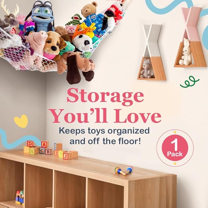 Stuffed Animal Hammock, Large | Corner Stuffed Animal Storage & Plushie Net | Toy Hammock for Stuffed Animals | Holds 12lbs | Easy Hang, All Hardware Included | Rainbow Bedroom Decor | by Lilly's Love