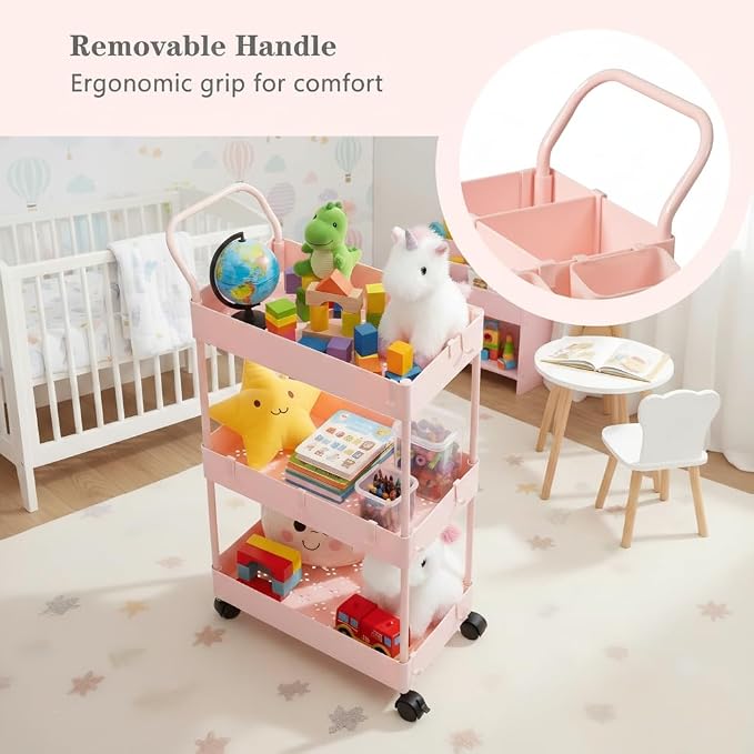 danpinera Slim Storage Cart, 3 Tier Narrow Rolling Cart on Wheels Bathroom Organizer with Dividers Handle Hanging Cups Hooks for Laundry Room Kitchen Small Spaces, Pink