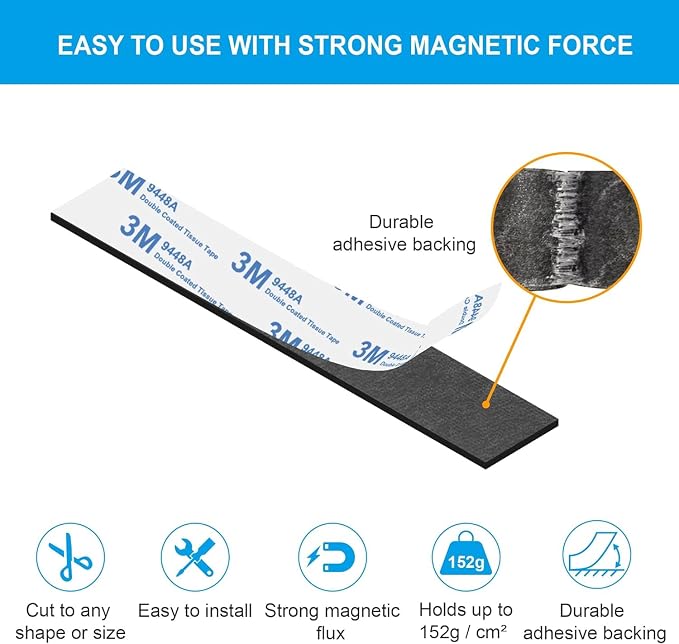 Magnetic Strips Tape with Adhesive Backing Magnet – Heavy Duty Magnets Strip, with 10Pcs Metal Stickers for Double Sided Self Sticky Non Metal, for Tool and Knife Strong Magnetic Wall Holder