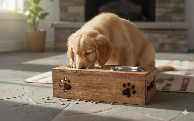 Wooden Dog Cat Pet Feeder Station Stand with 2 Stainless Steel Bowls | Raised Cat Bowl Dogs Bowl Elevated Cat Dog | Pet Dining Table for Cats and Puppy | 16 x 8.5 x 5 Inches