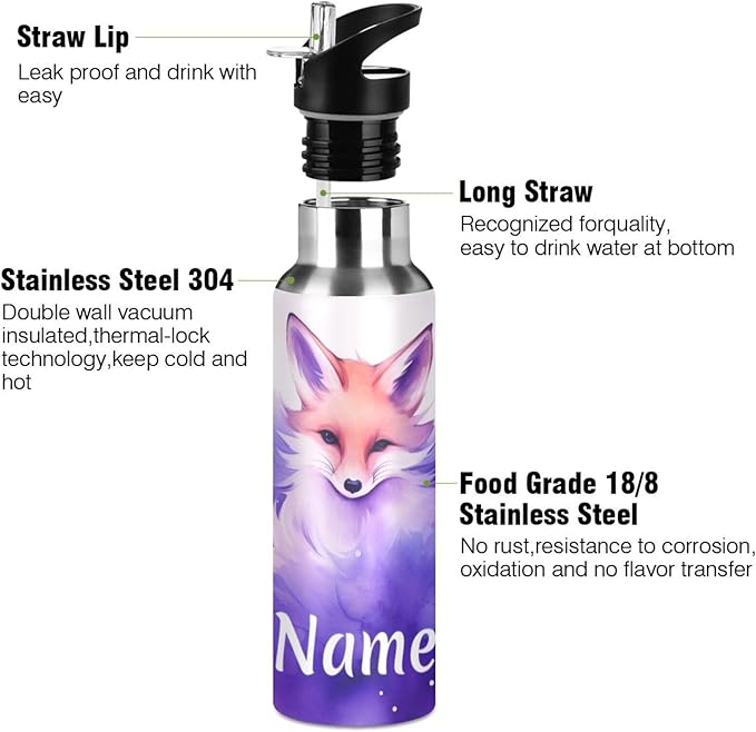 Custom Name Fox Art Water Bottle with Straw Lid Kids Insulated Stainless Steel Water Flask Sports, 20 Oz Hot Cold