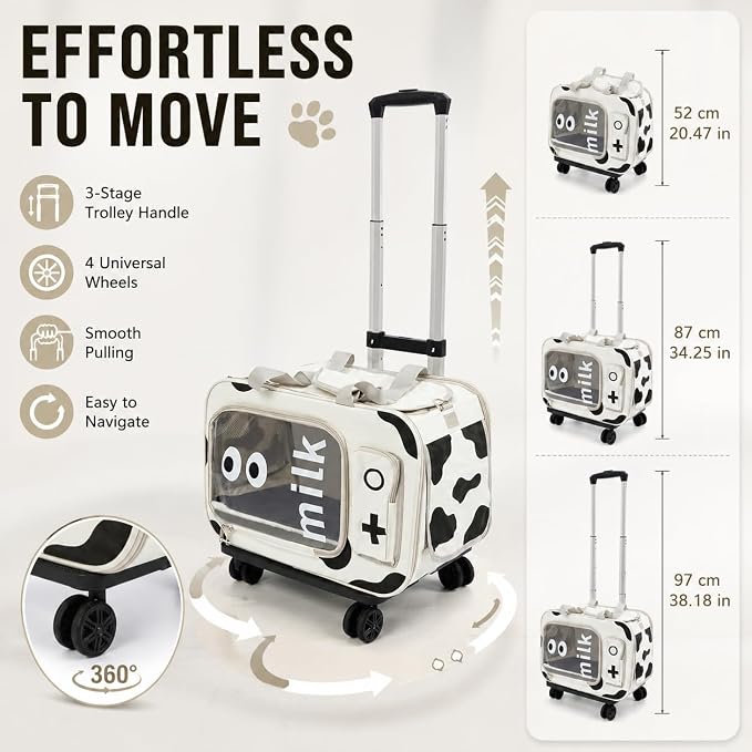 Pet Carrier with Wheels,Steel Wire Frame Cat Carrier,with Upgraded Wheels and Telescopic Handle,for Car Travel Bus Subway, Beige