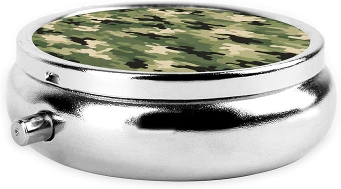 Round Pill Box, Army Camo Camouflage Portable Travel Organizer, Metal Case with Mirror, Pocket Purse Container for Supplements