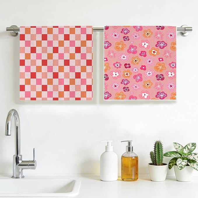 2PCS Abstract Flower Gingham Kitchen Towels 14x24 Inch, Absorbent Microfiber Decorative Dish Cloth Tea Towel, Floral Waffle Hand Towels for Kitchen Home Bathroom, Housewarming Gifts for Women