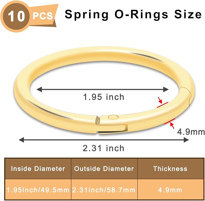 10Pack Inner Dia. 2" Large Gold Carabiner Clips, Metal Spring O Rings for Organizer Key Rings, Paracord Keychain Lanyard, Pet Chains, Purse Hardware, Key Snap Hooks DIY Accessory