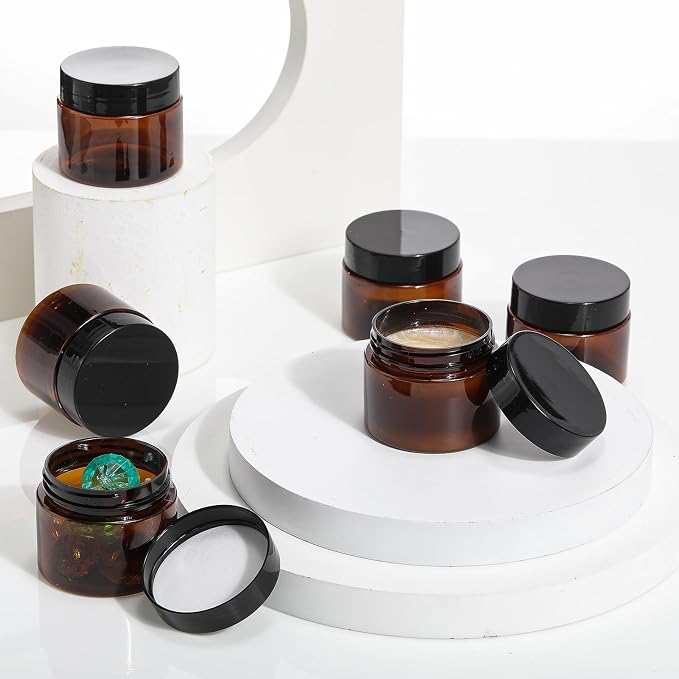Patelai 60 Pcs Plastic Containers with Lids, Round Leakproof Cosmetic Containers, Multipurpose Storage Jars for Makeup, Lotion, Ointment, Rhinestone Samples, Dry Food and Toiletries(Amber,2 oz)