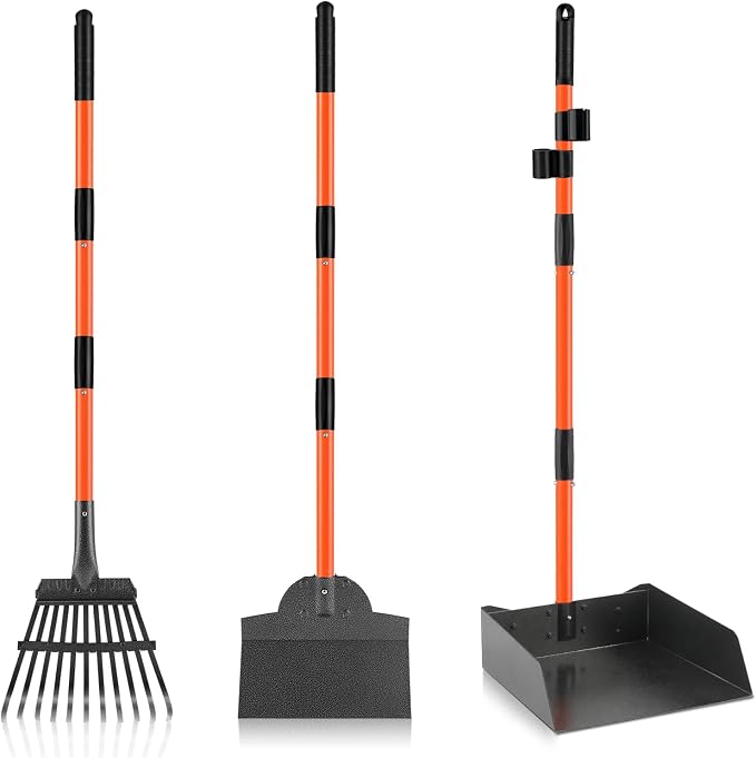 Pooper Scooper for Large Dogs, Poop Scoop with Long Handle Tray, Spade,Rake | Extra Larger Metal Bin, Heavy Duty Aluminum Poop Picker,No Bending,Rust Proof,Use on Grass, Dirt, Gravel, Perfect for Seniors