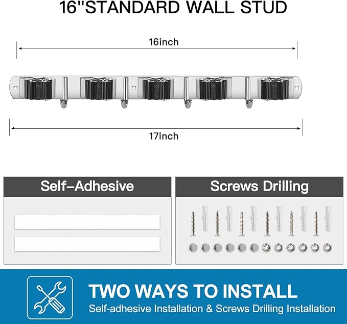 IMILLET Broom Holder Wall Mount Stainless Steel Mop Organizer | 5 Racks 4 Hooks Heavy Duty Garage Organization Storage,Broom and Mop Organizer Wall Hanging Self Adhesive for Laundry Room