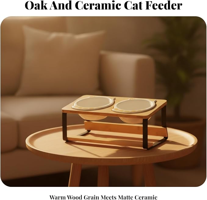 Cat Bowl Stand Elevated Feeder Raised Holder Double Dish Organizer Bamboo Wood and Iron Slanted Feeding Board with Two Round Slots Suitable for Cats