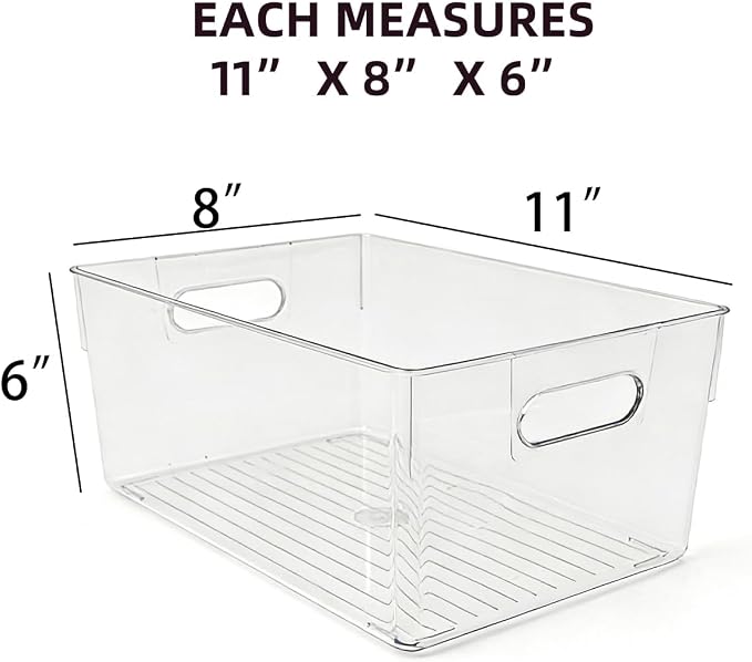 6 Pack Thick Clear Stackable Storage Bins, Cabinet Organizer, Plastiic Containers with Handle for Kitchens, Bathrooms and Fridge and Desktop