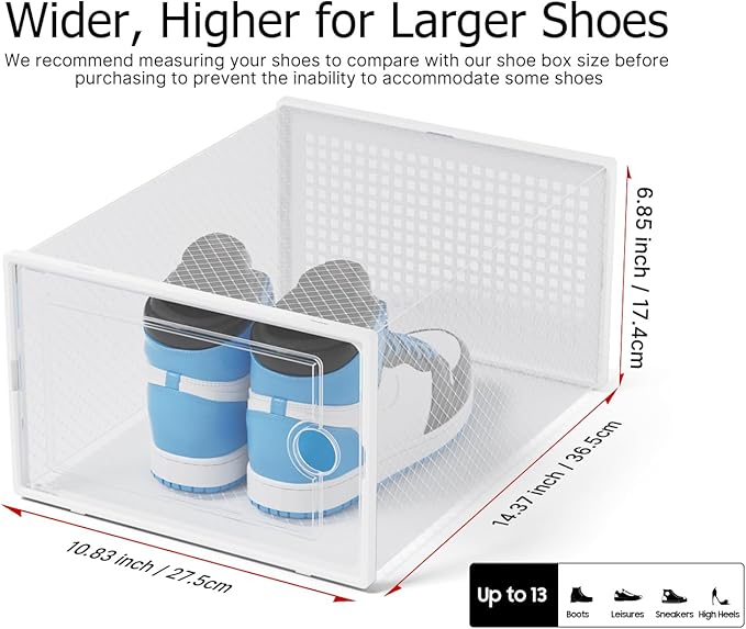 Kuject XX-Large Shoe Storage Boxes 12 Pack, Clear Stackable Shoe Organizer | Shoe Case for Closet, Entryway & Under-Bed Storage, Drop-Front Design, Space-Saving Solution for Family Organization,White