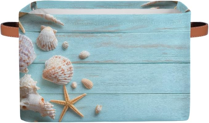 Pardick Storage Baskets Bin, Summer Wood Seashell Starfish Collapsible Canvas Fabric Storage Bin Decorative Baskets Toy Organizer Rectangle Storage Boxes with handles for Home Shelves Nursery,A-5