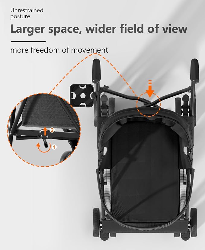 OS MOTOR 4 Wheels Pet Stroller for Small Medium Pets, Black | Foldable Carrier Jogger, Rear Wheel Breaks, Storage Basket, Visible Mesh Weather Cover, Portable, Dog, Cat, Puppy, Kitty